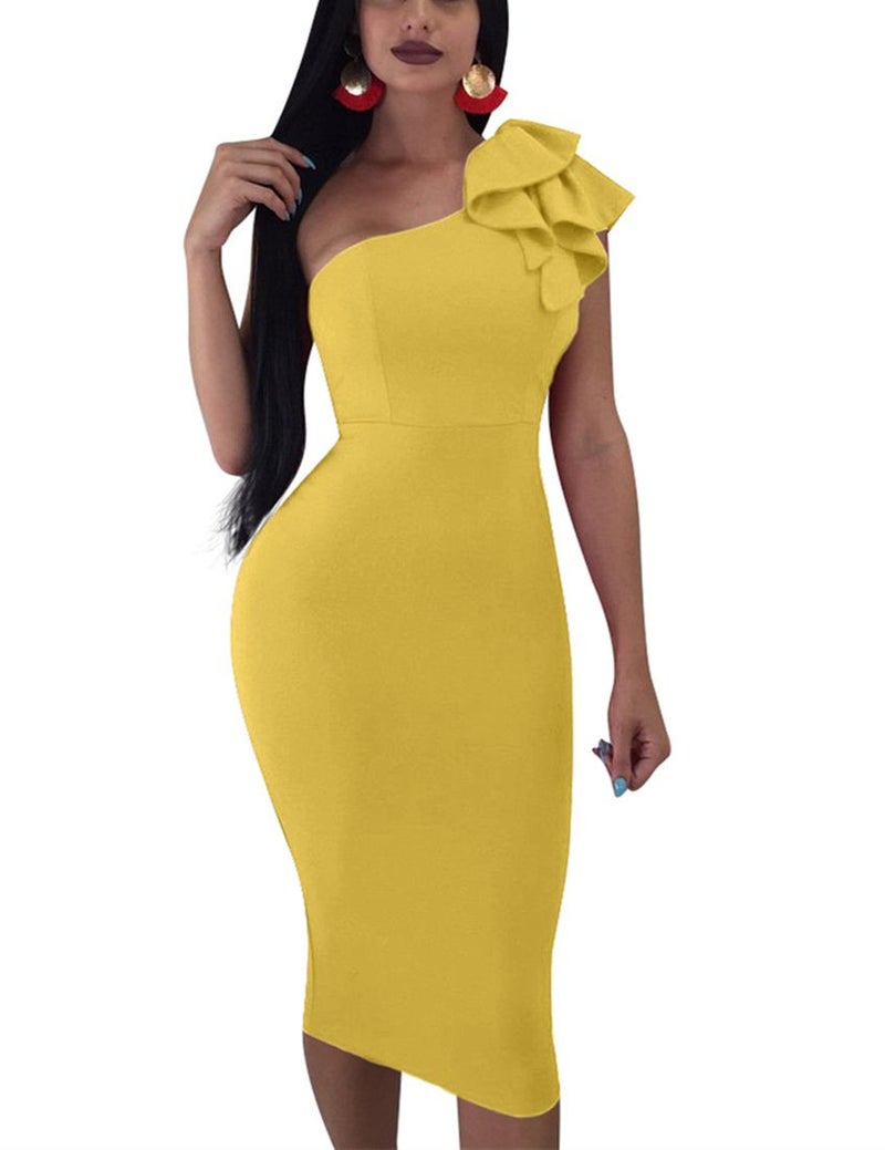 Mokoru Women's Sexy Ruffle One Shoulder Bodycon Elegant Cocktail Party Midi Dresses, Medium, Dark Yellow - Image 1